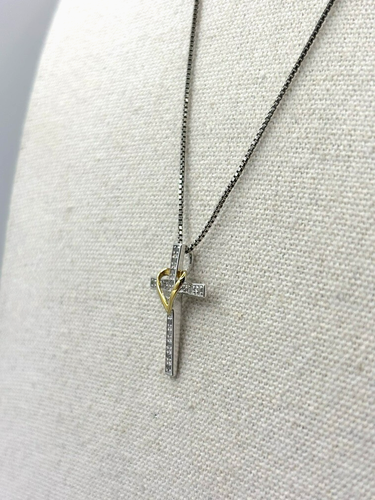 Diamond 0.07 ctw Sterling Silver 925 Gold Heart Cross Pendant Necklace Italy - Picture 3 of 22