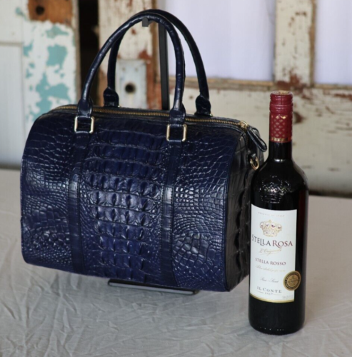 Bolso de Mano Grand Pelle Cuero de Cocodrilo Genuino Azul con Correa para el Hombro - Imagen 4 de 9