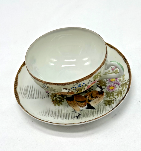 Japanese Hand-Painted Teacup & Saucer Set Quails Flowers Signed Hyakuda Japan - Picture 2 of 8