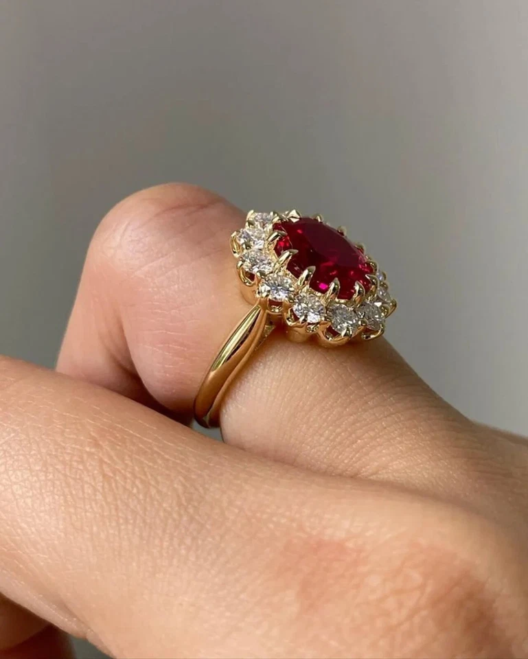 3.10 Ct Oval Cut Natural Ruby & Diamond Anniversary Ring 14k Yellow Gold Size 7 - Image 4 of 4