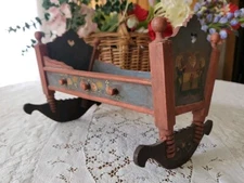 Vintage Tole Folkart Hand Painted Wood Doll Cradle 12"L×8.25"w×8.25"t
