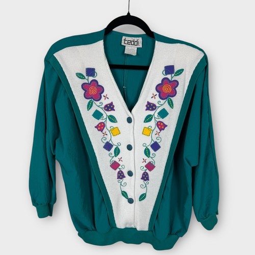 Vintage 80er Teddi grün strukturiert Waffel Blumen Knopf Pullover Top Large Retro