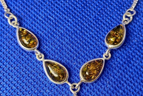 Boxed Sterling Silver & Cabochon Baltic Amber Drop Necklace 925 - Picture 7 of 12