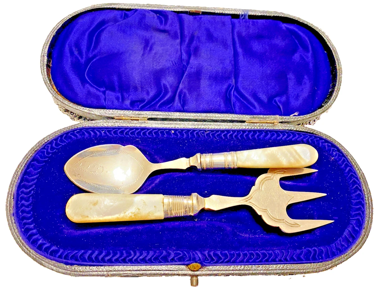 Vintage Sheffield Silver Plated & Mother of Pearl Handled Bread Fork & Jam Spoon