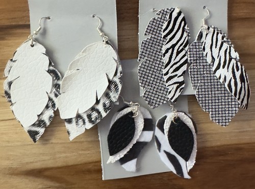 3 Pairs Handmade Faux Leather Earrings Black White Animal Print Feather Shape