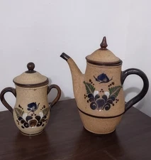 Tonala Tea Pot & Creamer Mexican Pottery Folk Art Figurative Art Hand Painted .