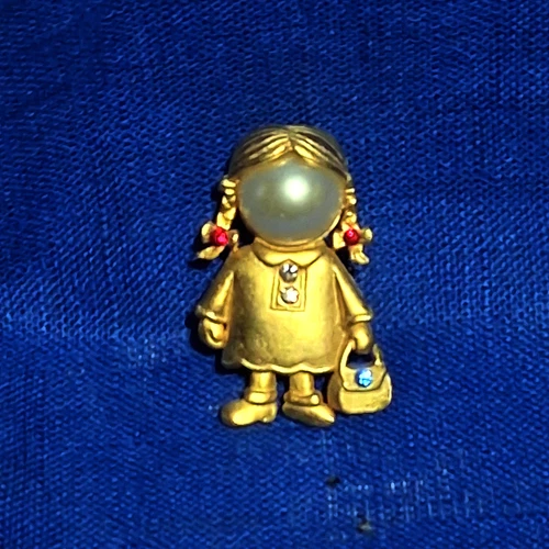 Vintage Gold Tone Pin Brooch Costume Jewelry, Girl Holding Handbag Purse