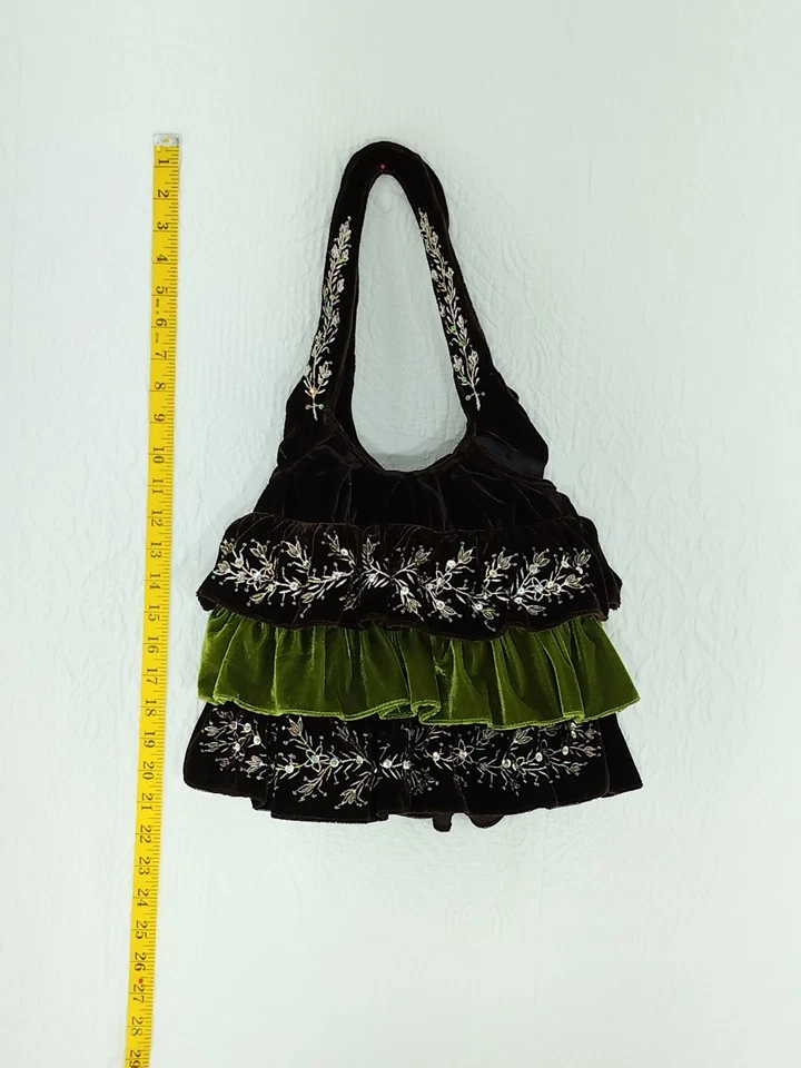 3 Tier Crushed Velvet Purse Handbag Brown/Green Embroidery And Sequins Zip  2294 - Image 3 of 4