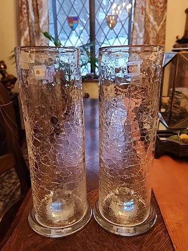 Vtg PAIR Blenko 12" Crackle Glass Hurricane Chimney Shades w/ Candle Holders