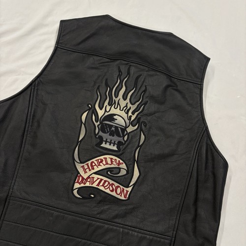 Harley Davidson Blazing Bones Embroidered Leather Vest Flaming Skull Men’s L
