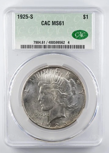 Certified 1925-S Peace Dollar CAC MS61 Silver $1