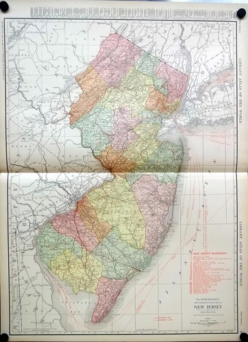 State of New Jersey 1912 Rand McNally color Map with Railroads
