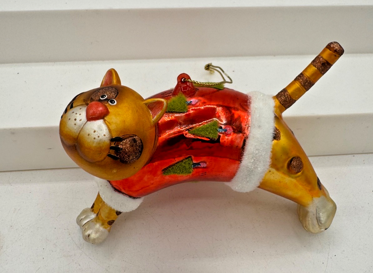 Blown Glass Orange Tabby Cat Whiskers Paws Christmas Tree Ornament
