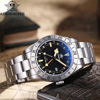 ADDIESDIVE Luxurious GMT Watches Men's Luminous Calendar Display Stainless Steel