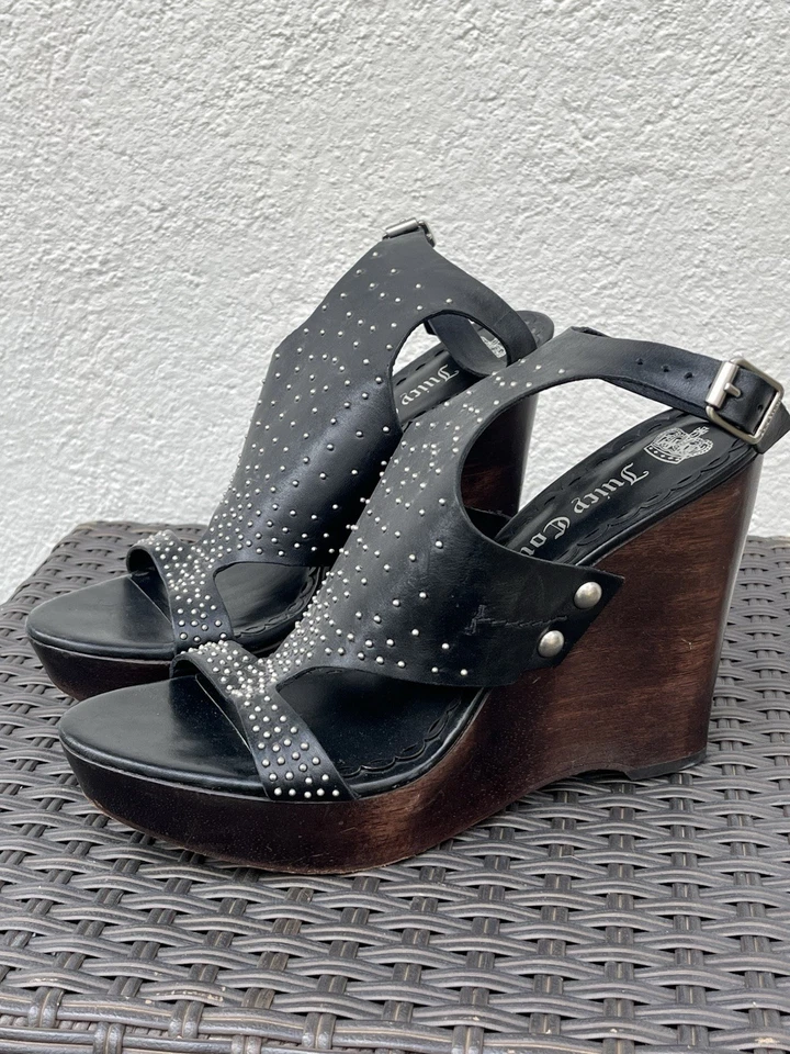 Juicy Couture Black Leather Wedges 9.5 Studded Wood High Heels Buckle Womens - Image 2 of 4