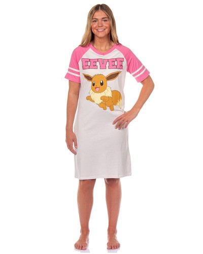 Pokemon Pajama Women's Eevee Varsity Raglan Sleep Shirt V-Neck Nightgown (M)