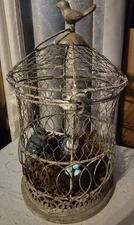 Antique Wire And Metal Bird Cage Gray Washed With Decor Bird Perched Top 15.5"
