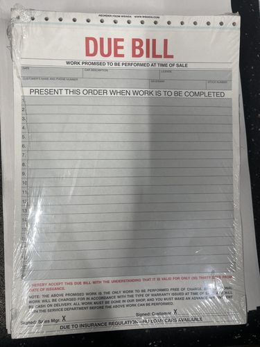 Fälligkeit Rechnung Arbeitsversprechen Formular für Autohändler 100 Blatt dreifache Kopie - Bild 2 von 2