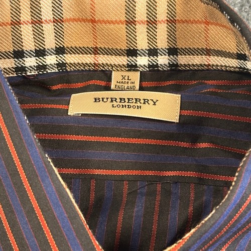 Burberry London Men's XL Button Down Dress Shirt Red Blue Striped Cotton - Picture 3 of 11