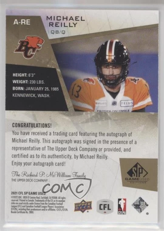 2021 SP Game Used Edition CFL Auto Gold /115 Michael Reilly #A-RE Auto - Image 2 of 2
