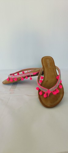 Ladies Sandals Size 5 Flip Flop Toe Piece Pink Diamante Pom Poms Cushioned Flat - Picture 11 of 17