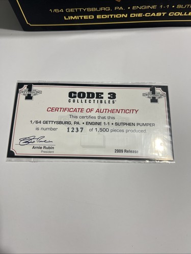 Code 3 Sutphen Pumper Fire Truck Gettysburg Engine #1-1 - NEW  1:64 - Picture 3 of 16