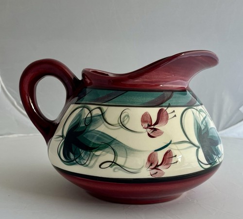Vintage Gail Pittman Pottery Hand Painted Red Grapevine Squat Pitcher 1988