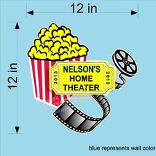 CUSTOM VINYL WALL DECAL HOME THEATER WITH MOVIES REELS POPCORN AND YOUR NAME