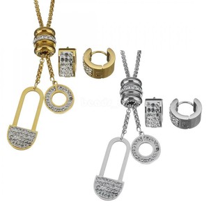 Stainless-Steel-Jewelry-Sets-Huggie-Stud-Earring-Rhinestone-Round-Lock-Necklace