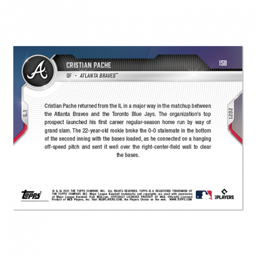 Cristian Pache 2021 MLB TOPPS NOW Card 158 Rookie Braves first HR Grand Slam RC - Picture 2 of 2