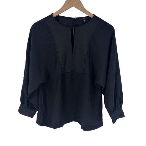 J.Crew Damen Gr. XS schwarz Oberteil Schlüsselloch Fledermaus 3/4 Ärmel Satinbesatz Bündchen - Bild 1 von 9