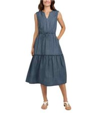 Lands' End Women's Lyocell Tiered Midi Dress, Blue, Size M