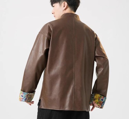 Men's Autumn Fashion Chinese Style Stand Collar Long Sleeve Faux Leather Coats - Bild 10 von 10