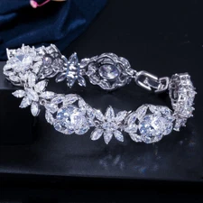 Silver Plated CZ Flower Leaf Charm Tennis Bracelet Bangle for Brides Engagement
