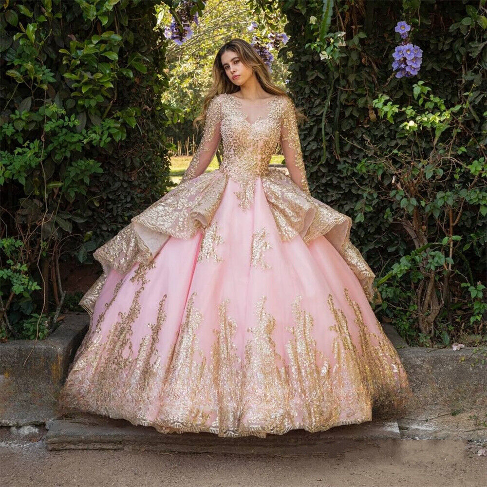 pink long sleeve quinceanera dresses Vintage Lace Pink Ball Gown Brithday Dress for Sweet 16/15 Girls Quinc Siaoryne