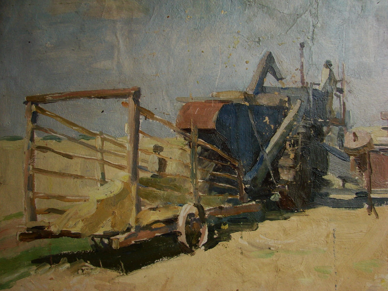 Peinture à l'huile soviétique ukrainienne paysage réalisme moissonneuse-batteuse champ de maïs années 50 - Photo 5 sur 5
