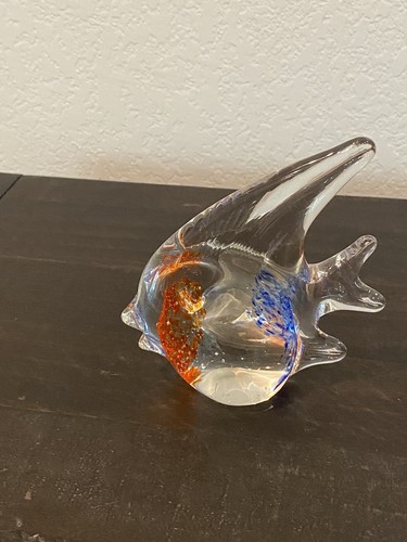 Art Glass Hand Blown Paperweight Figurine Angel Fish Blue Orange Clear 4.5 Tall - Picture 3 of 6