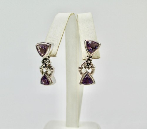 MICHAEL DAWKINS Sterling Silver & 14 KT Trillion Cut Amethyst Dangle Earrings - Picture 3 of 6