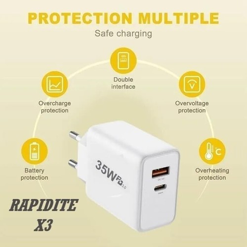 PH26Ⓡ Chargeur USB-C 35W, 2 Ports PD 3.0 QC 3.0 Chargeur Ultra Rapide + 2 Câbles - Photo 4 sur 9