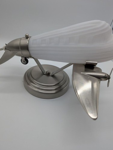 Lowes 2008 Airplane Table Lamp Frosted Glass Chrome Retro Aviation Desk Art Deco - Picture 8 of 14