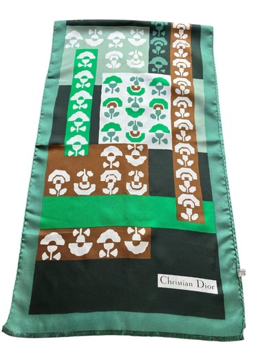 Vintage Christian Dior 100% silk scarf rectangle green brown 47"x15" - Picture 2 of 15