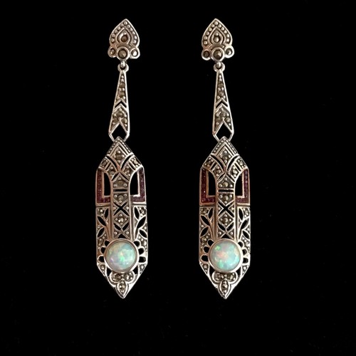 Sterling silver Art Deco Style Geometric Ruby Fire Opal Long Dangle Earrings 6cm - Picture 2 of 7