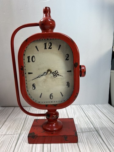 Vtg Look Red Metal Clock Farmhouse Rustic Country Core