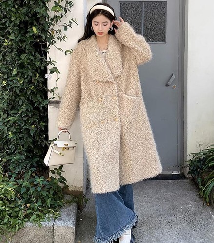 Damenmode Winter Revers Langarm lose Mäntel warm Faux Lammwolle Mantel - Bild 15 von 18