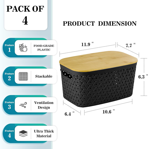 Modern Black Plastic Storage Bins with Bamboo Lids Set of 4 - Stackable, Rectang - Picture 2 of 12