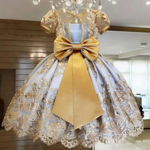 Elegant Girl Lace Flower Dress 4 6 8 10T Kids Big Bow Birthday Party Clothes - Picture 22 of 27