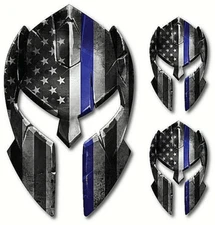 3x Spartan Helmet Police American Flag Thin Blue Line Decal Sticker Truck Window