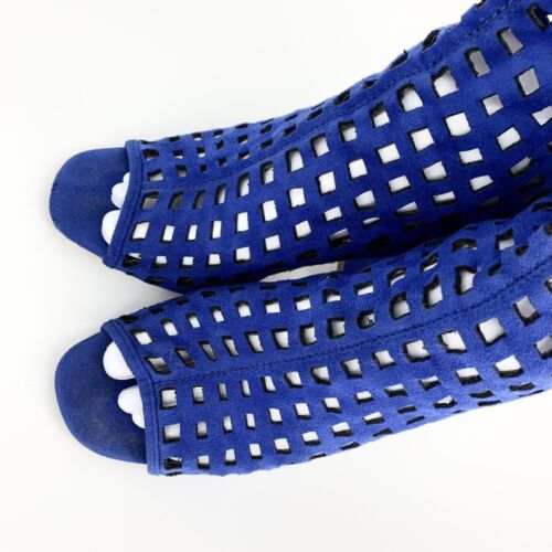 Cape Robbin Boots Women 7.5 Cobalt Blue Arama-3 Caged Faux Suede Heels Retroglam - Picture 3 of 11