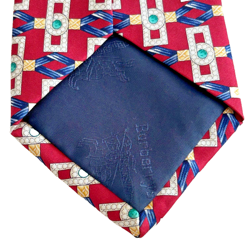Burberry Red Silk Tie Diamond Emerald Buckle Pattern Made in USA