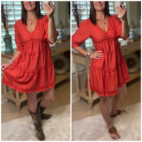 Boho Tiered Ruffle Trim V Neck Half Sleeve Western Peasant Babydoll Dress Rust - Picture 2 of 9